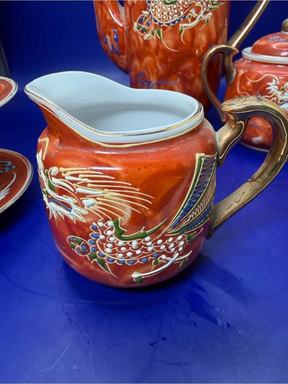 Rust Red Dragonware Porcelain Tea Set with Gold Accents - Vintage